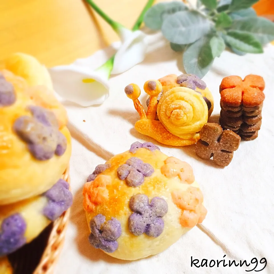 紫陽花メロンパンと蝸牛🐌のパン|かぉりさん