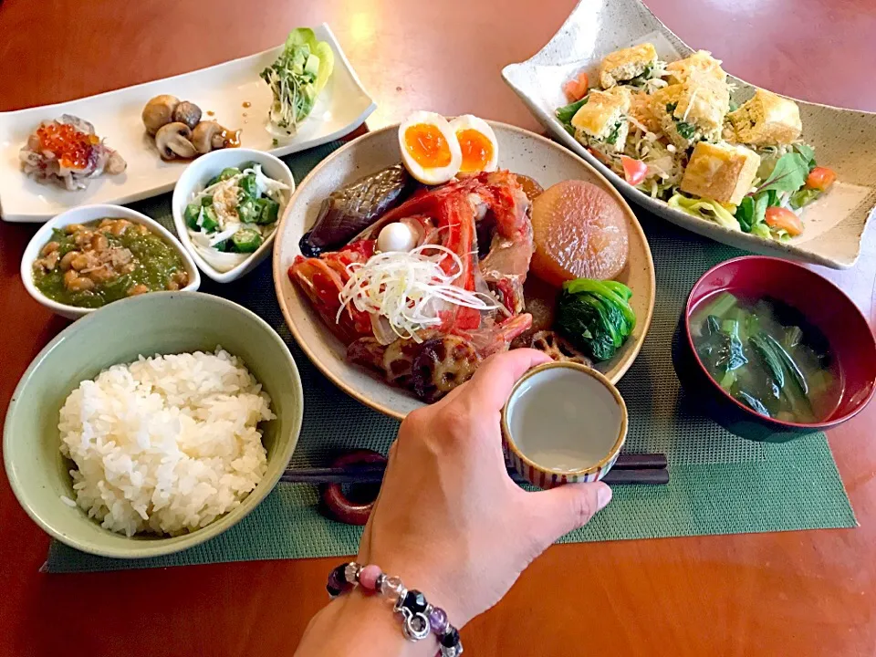 Today's Dinner🍴前菜･栃尾の油揚げ ﾈｷﾞ味噌ﾏﾖｻﾝﾄﾞﾁｰｽﾞ焼きw/胡麻だれｻﾗﾀﾞ･金目鯛と野菜の煮付け･白飯･めかぶ納豆･ｵｸﾗ大和芋･小松菜とわかめのお味噌汁|🌈Ami🍻さん