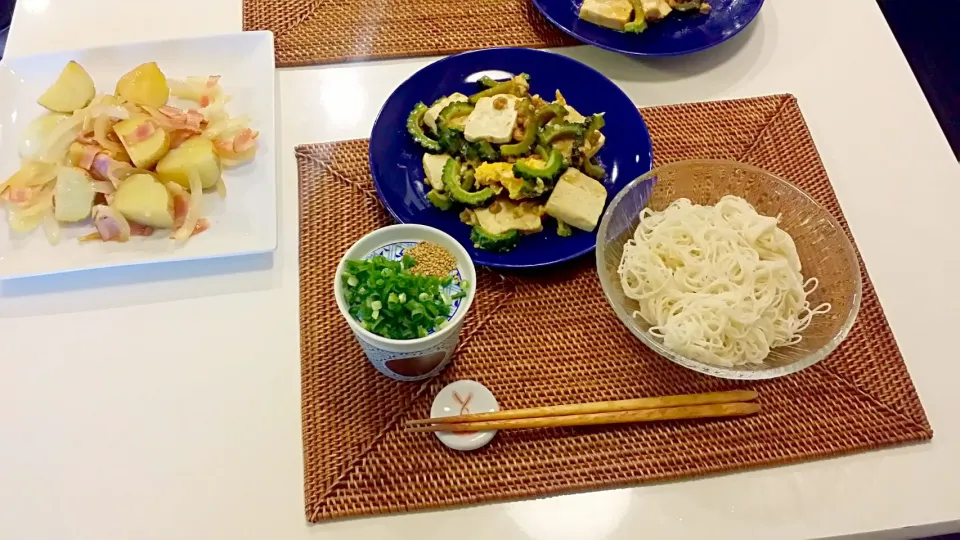 今日の夕食　そうめん、大豆肉のゴーヤチャンプルー、ジャーマンポテト|pinknari🐰🌈さん