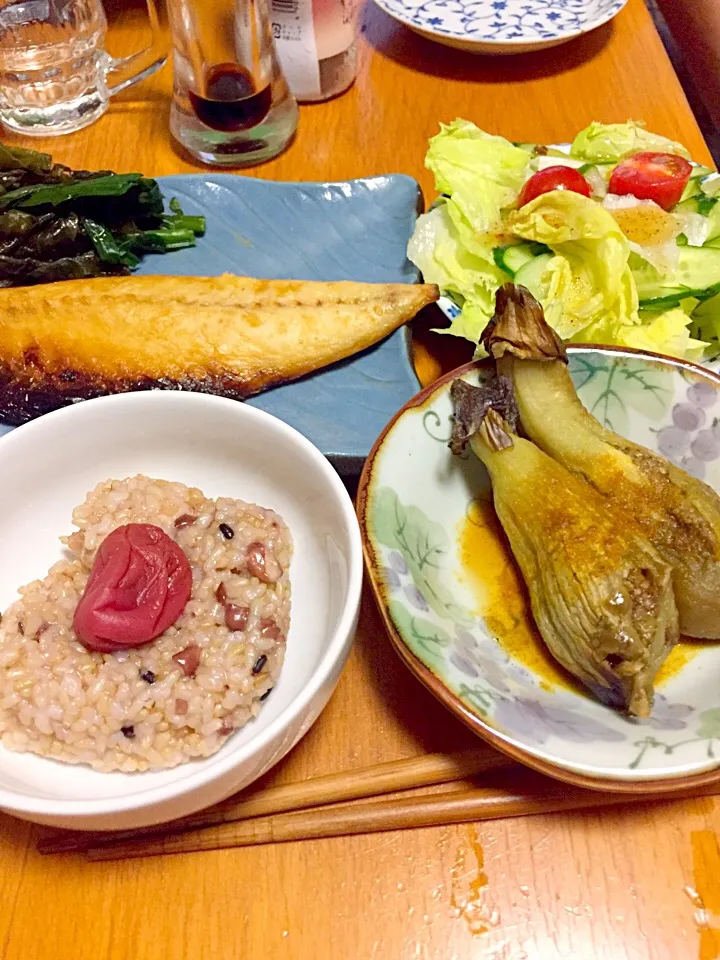 鯖塩焼き、ニラとワカメのお浸し。
玄米、サラダ、茄子焼きのカレー粉醤油

私の父が、その昔、カレー粉＋醤油で
茄子焼きを食べていました。
数年ぶりに私も真似っ子して食べます。|みかんさん