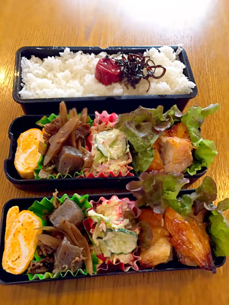 今日のお弁当♡鶏のスパイス焼き＊カニサラダ＊玉子焼き＊牛肉のしぐれ煮|♡I u♡さん