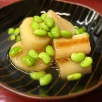 長芋と焼きねぎの煮物。えだまめあんかけ|こぼるさん