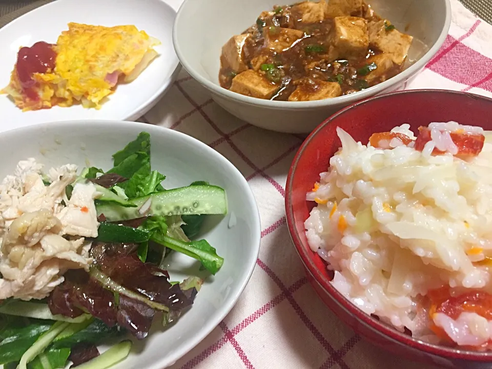 チキンサラダ・ドライトマトのおじや・麻婆豆腐・簡単オムレツ|Yuko Kisoさん