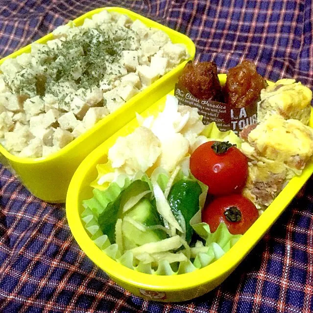 Snapdishの料理写真:お弁当★切り干しソーセージ、ポテトサラダ、かゅうりのピリ辛甘酢漬け、梅おかか卵、高野豆腐のそぼろ丼|ハルさん