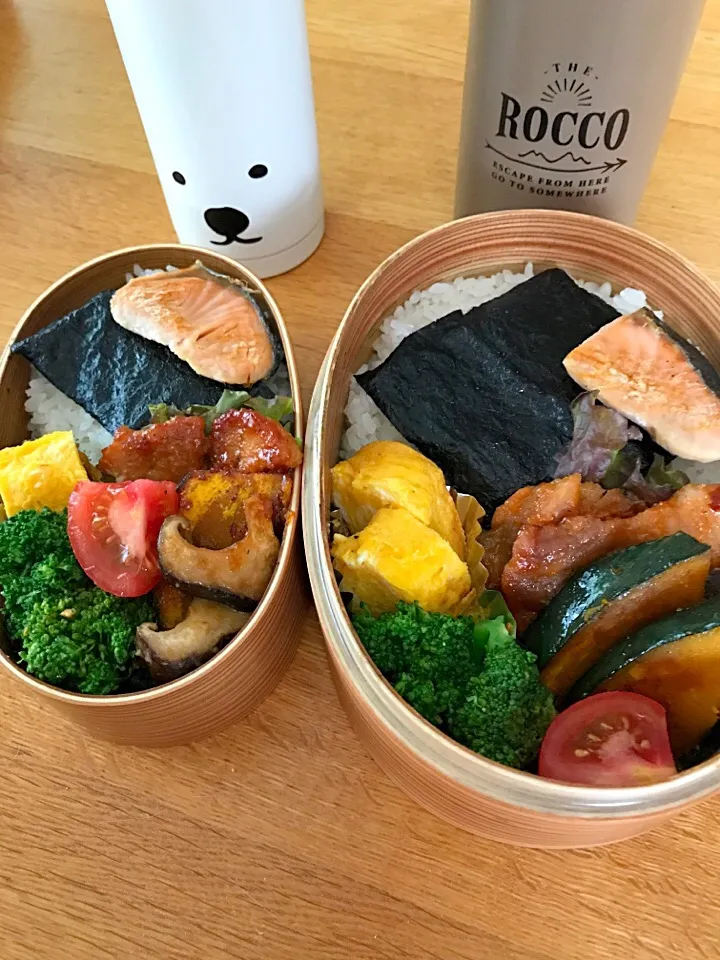 今日の長男🍱長女🍱
豚肉の金山寺味噌焼きカボチャと椎茸添え、ブロッコリーのサラダ、甘糀玉子焼き、焼き鮭🤗🎶|5ネコママさん