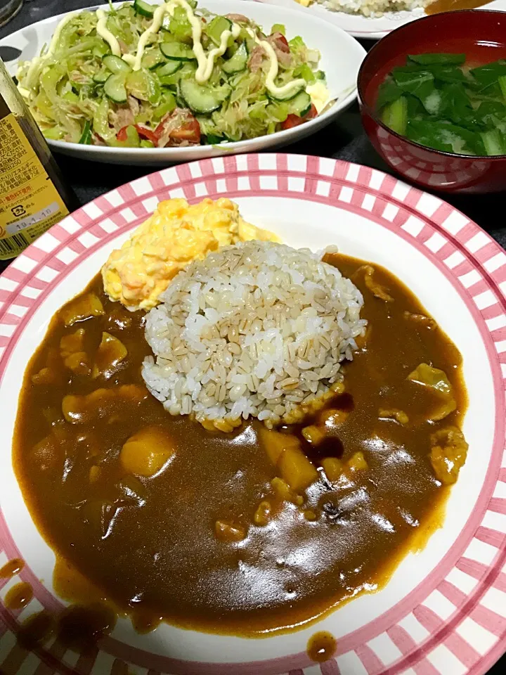 もち麦飯カレーライス、キャベツきゅうりセロリトマトツナサラダ、小松菜味噌汁、|ms903さん