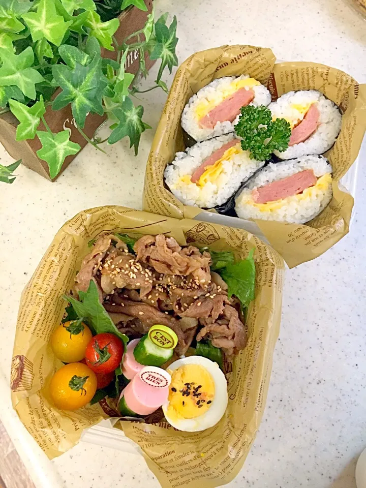 高校男子弁当🏈
＊スパムおにぎり
＊豚焼肉
＊ソーセージと胡瓜
＊ゆで卵|emisanさん