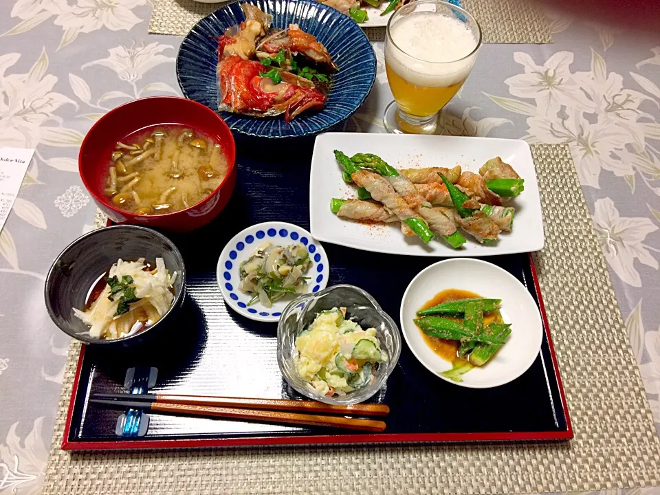 Snapdishの料理写真:アスパラ、オクラの豚バラ巻き。長芋シソ味。アンチョビポテトサラダ。|りょうさん