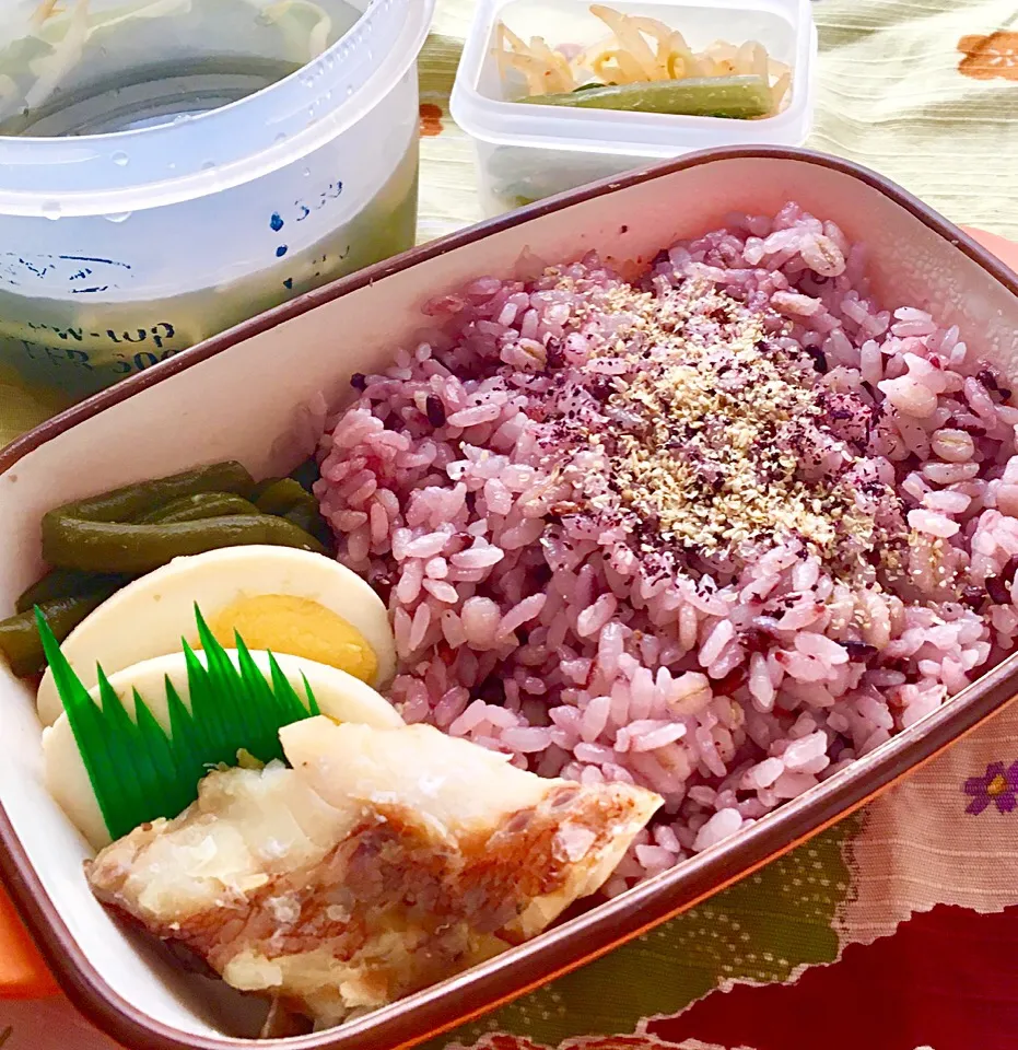 単身赴任の昼ごはん🍚☀️           赤魚の塩麹焼き  味付け玉子🥚  インゲンのクタクタ煮  ピリ辛もやしナムル  野沢菜漬け  わかめともやしのスープ  黒米麦ご飯        #単身赴任弁当 #味玉|ぽんたさん