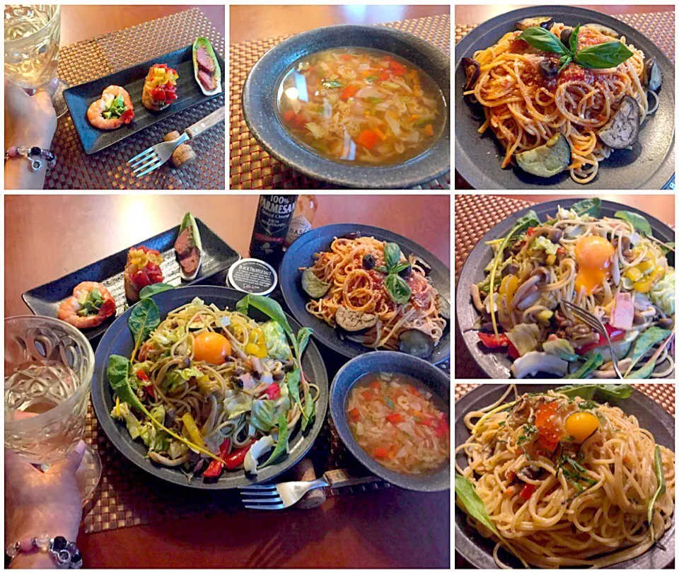 Today's Dinner🍴ｱﾝﾃｨﾊﾟｽﾄ ﾐｽﾄ･ﾐﾈｽﾄﾛｰﾈ･ﾊﾟｽﾀ3種<ﾐｰﾄｿｰｽ･ﾎﾟﾙﾁｰﾆﾊﾞﾀｰ醤油･たらこ豆乳ごま昆布>|🌈Ami🍻さん