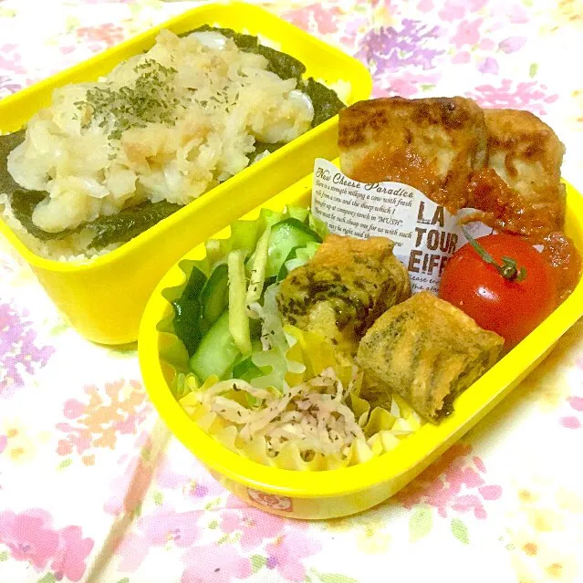 Snapdishの料理写真:お弁当★高野豆腐の味噌トマトステーキ、塩昆布卵、切り干し大根のゆかり和え、きゅうりとみょうがの甘酢漬け、ポテサラ丼|ハルさん