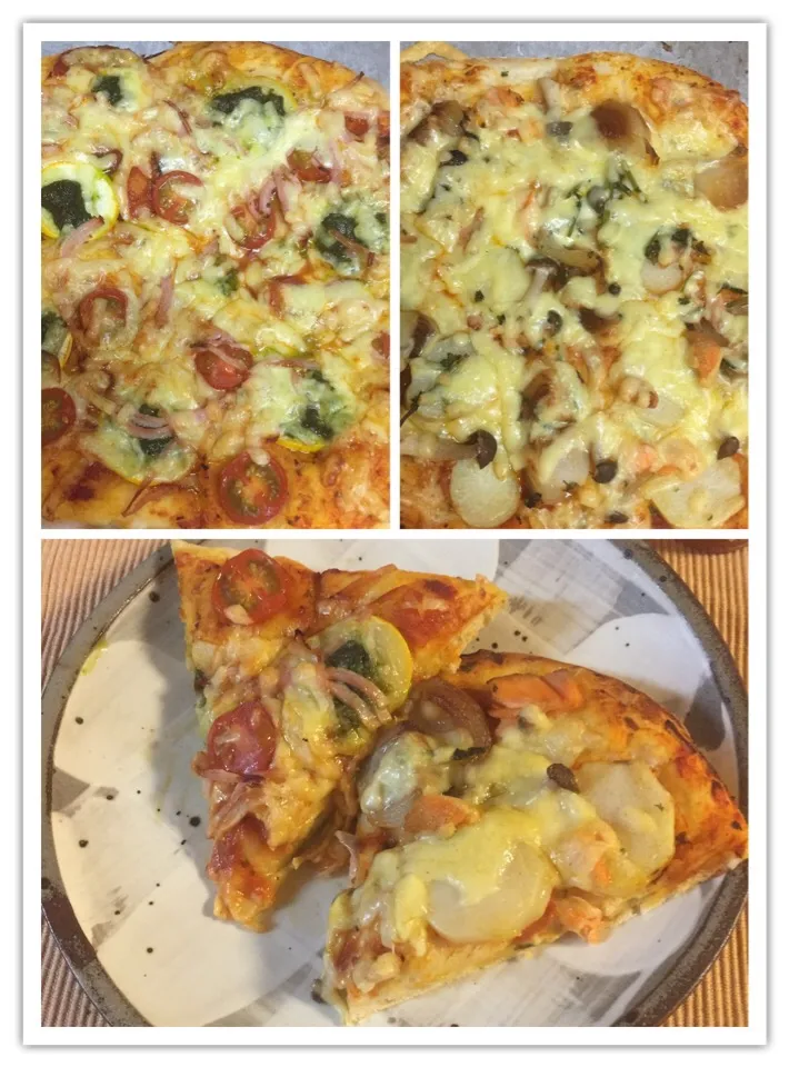 Snapdishの料理写真:創作ピザ🍕トッピング---
ズッキーニジェノベーゼソース、トマト、ハム！
ポテト、ボイル玉ねぎ、シャケあら、冷凍しめじ、パセリ！
残り食材を使いました。^ ^|RU.Farmさん