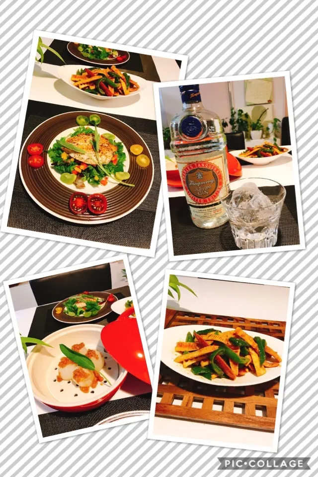 Snapdishの料理写真:#今宵の晩ご飯
#Tanqueray OLD TOM GIN
#バトウのポアレ
#ハチクと鳴門金時、ピーマンの味噌豆板醤XO醬炒め
#蒸し小玉ねぎのもろみ乗せ|みすてりあすゆっこさん