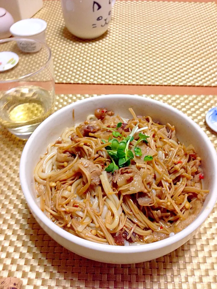 Snapdishの料理写真:五島うどん&豚エノキ丼|Yumiko Nakamuraさん