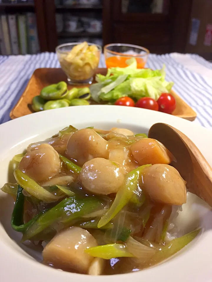 ホタテ ネギあんかけご飯 キャベツ炒め
手作り人参ドレッシング そら豆|shokohanさん