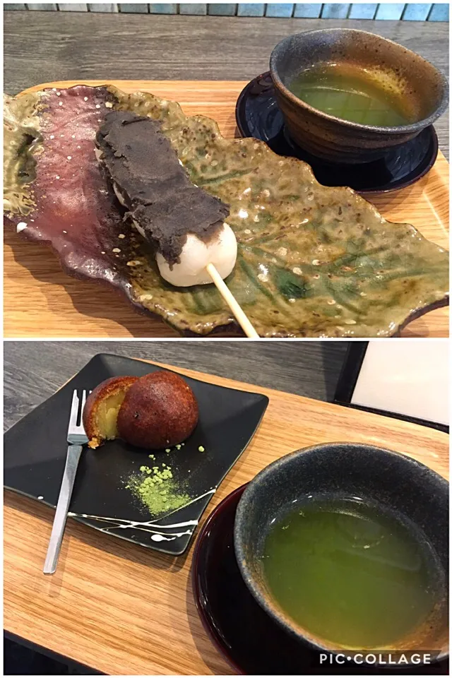 Snapdishの料理写真:焼き団子（黒ごまあん）と日替わり茶
かりんとう饅頭と日替わり茶2煎目|こいちさん