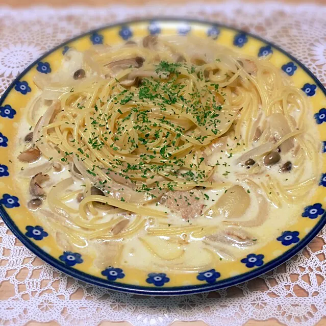 きのことベーコンのクリームパスタ|くぅさん