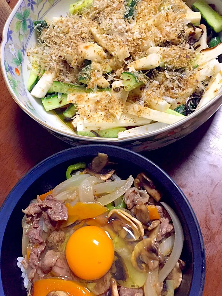 プルコギ風丼   長芋と胡瓜の昆布&鯖節和え|掛谷節子さん