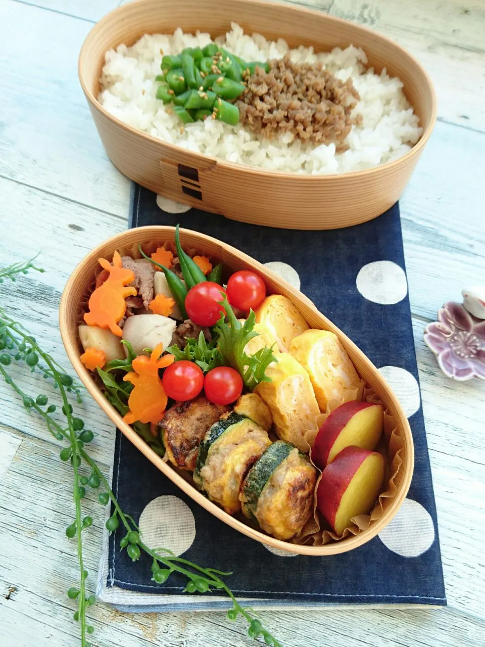 娘弁当☺  玉子焼き  ズッキーニと挽き肉のピカタ  里芋肉じゃが  さつまいものレモン煮  プチトマト🍅  そぼろご飯|e  satoさん