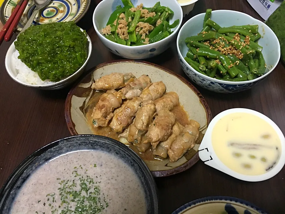 Snapdishの料理写真:6月6日晩ご飯。豚肉の大葉梅チーズ巻き、ピーマンのシーチキン炒め液体しおこうじ使用、インゲン豆の胡麻和え、レトルト茶碗蒸し、マッシュルームのポタージュ。|あやさん