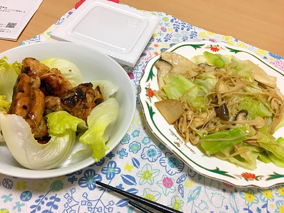 きのことキャベツのバター醤油＆鶏もも肉照り焼きサラダ|しろまさん