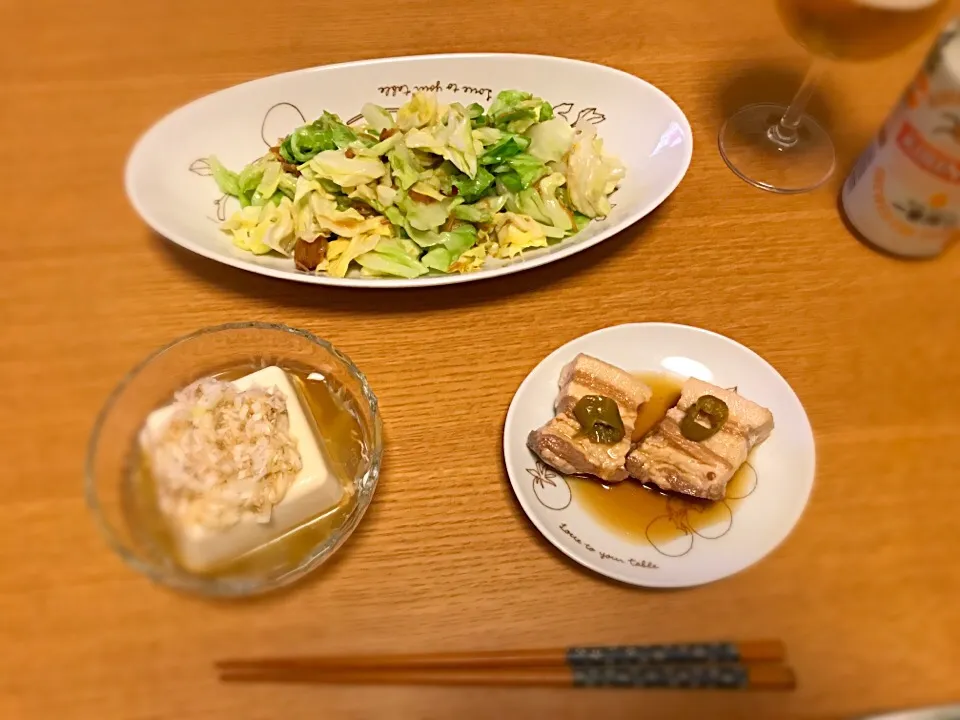 豚ばら肉の青南蛮煮、塩ダレネギ豆腐、キャベツのなめ茸和え|mayさん