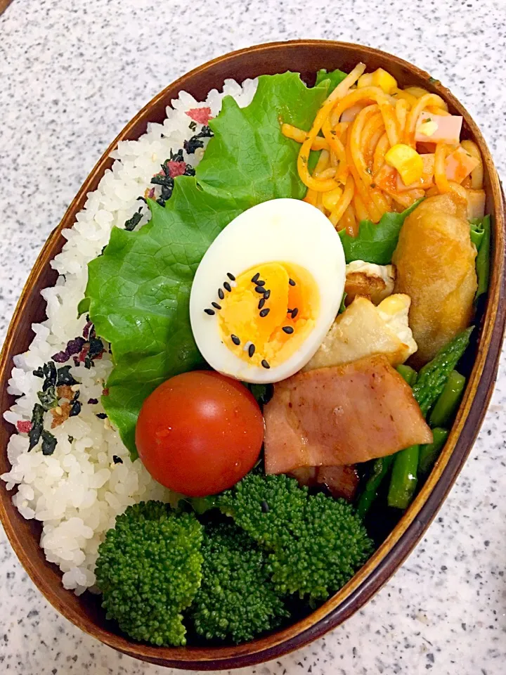 Snapdishの料理写真:夫お弁当
#タコス巻
#チーズ鶏肉大葉巻き
#ナポリタン
#アスパラベーコン|かねしろ食堂さん