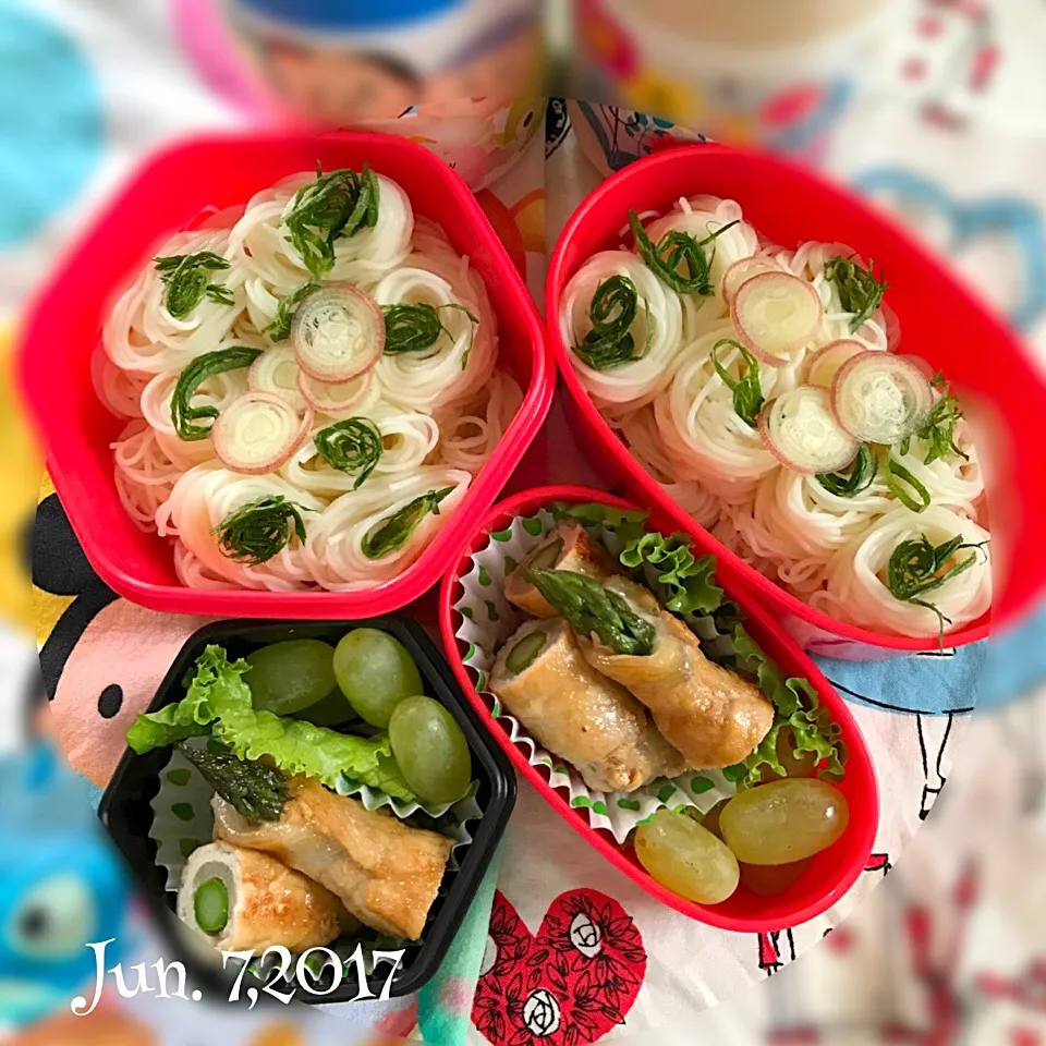 今日の#女子中学生弁当 は、そうめんとアスパラ豚巻き|Hiroko Kさん