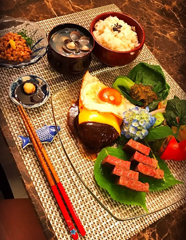 Wお肉定食🐌(ハンバーグ＆ステーキ)|💍ごはん🍚さん