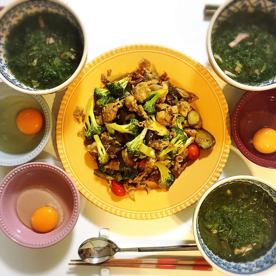 Snapdishの料理写真:#道の駅 で買ってきた新鮮野菜で晩ごはん🍆野菜と豚肉のカレー粉炒め、#ケールのスープ #たまごかけご飯|nokorinさん