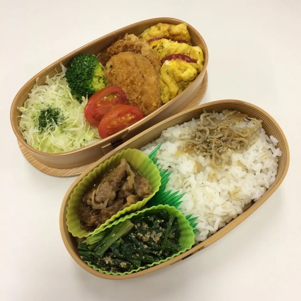 弁当（コロッケ、オムレツ、サラダ、焼肉、ほうれん草胡麻和え、じゃこ生姜煮）|SasaMasa213さん