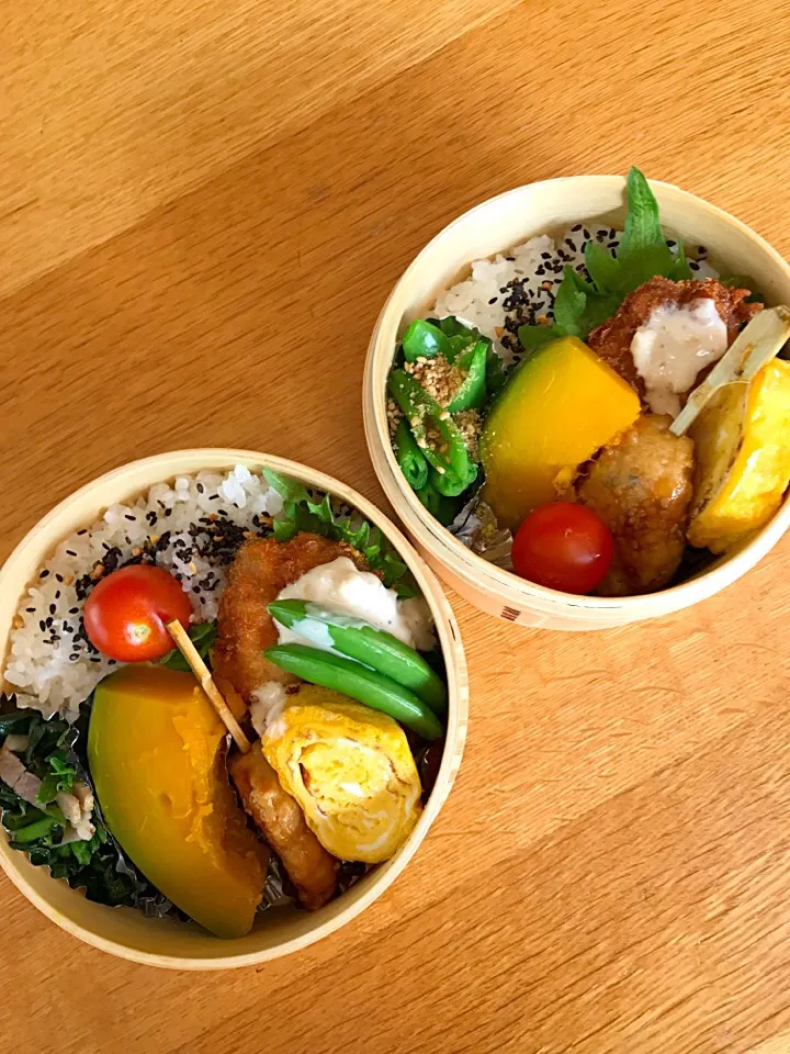 Snapdishの料理写真:今日の夫婦弁当🍱
アジフライ、つくね串、カボチャ煮
甘糀玉子焼き🤗🎶|5ネコママさん