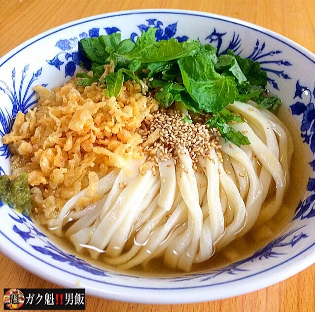 自家製 手打ちうどんの 冷ぶっかけ紫蘇たぬきうどん 柚子胡椒風味 一人前当たり原価30円！激安|ガク魁‼︎男飯さん