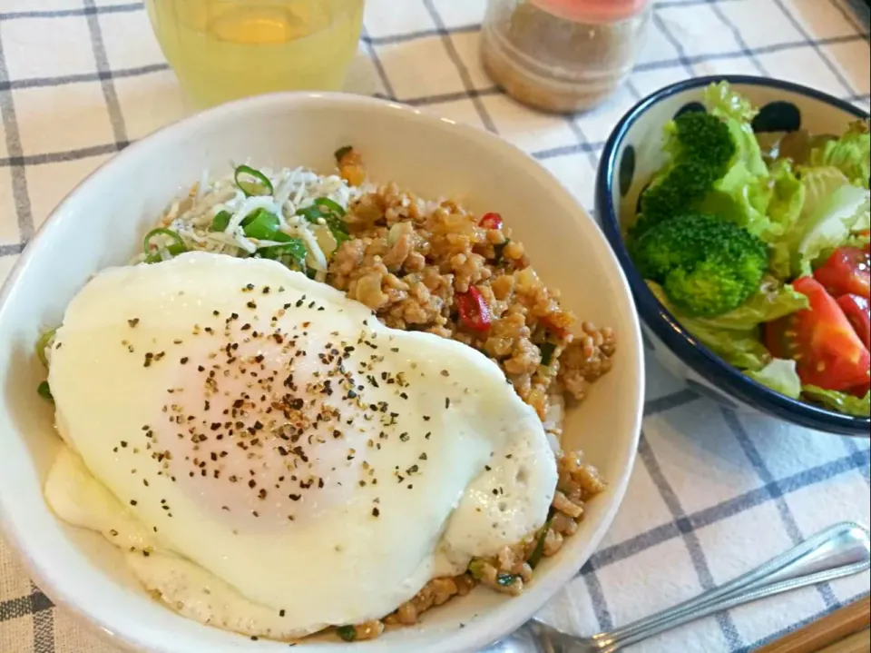 しらすネギ、肉味噌のハイブリッド丼|こあささん