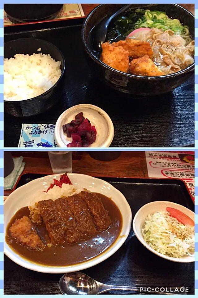 Snapdishの料理写真:暑い☀️唐揚げうどんカス入り*\(^o^)/*ロースカツカレー🍛で、益々暑い☀️|すかラインさん