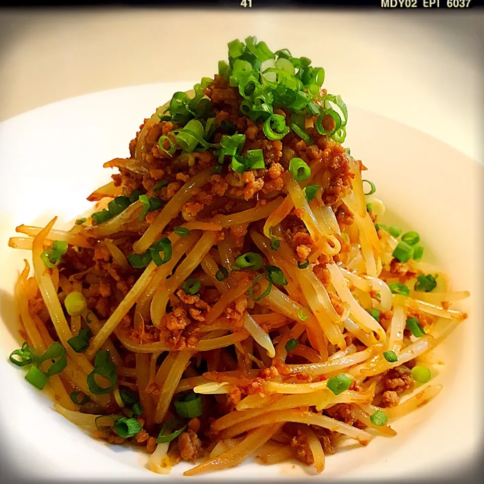 もやしの肉味噌ピリ辛炒め。Stir-fried spicy bean sprouts and ground pork|toyamadaさん