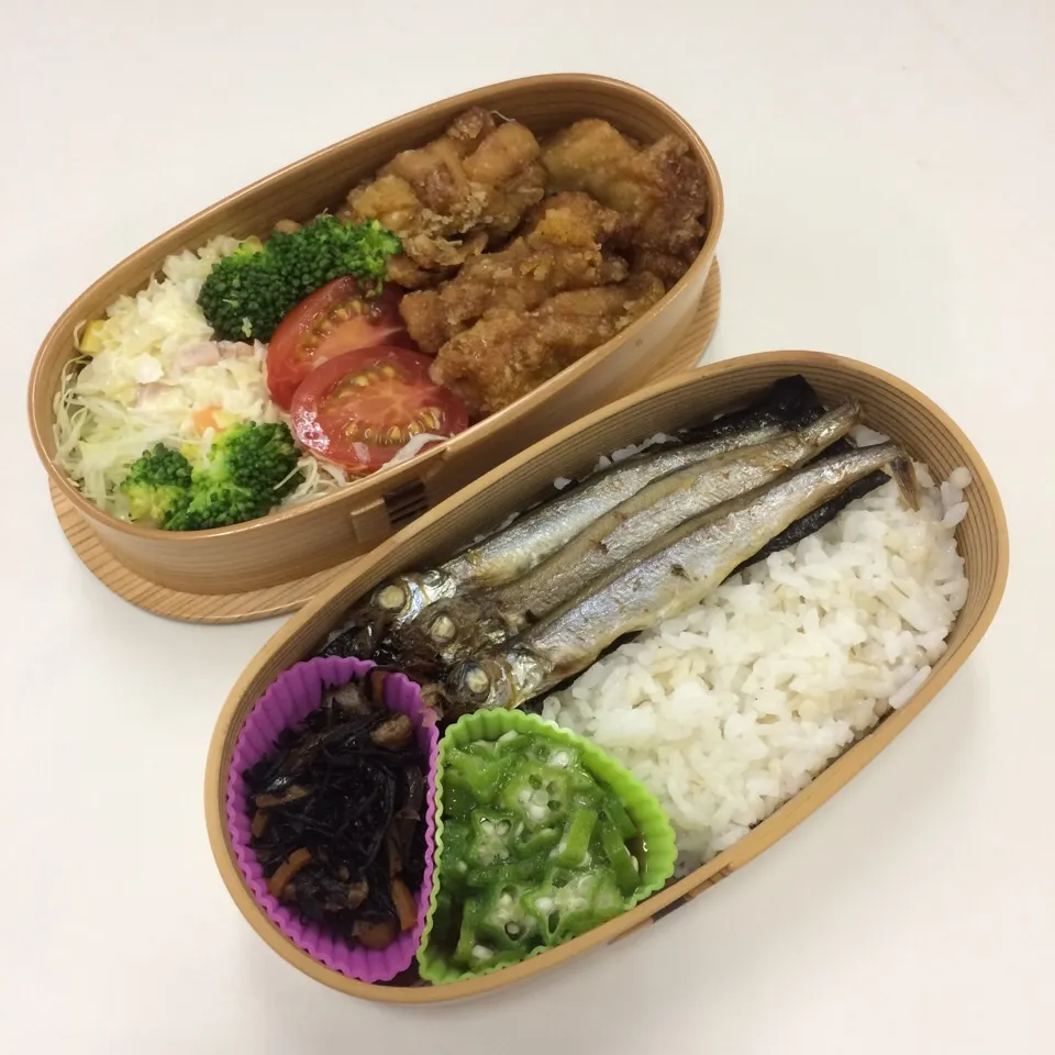 弁当（唐揚げ、サラダ、ししゃも、五目ひじき、オクラ）|SasaMasa213さん