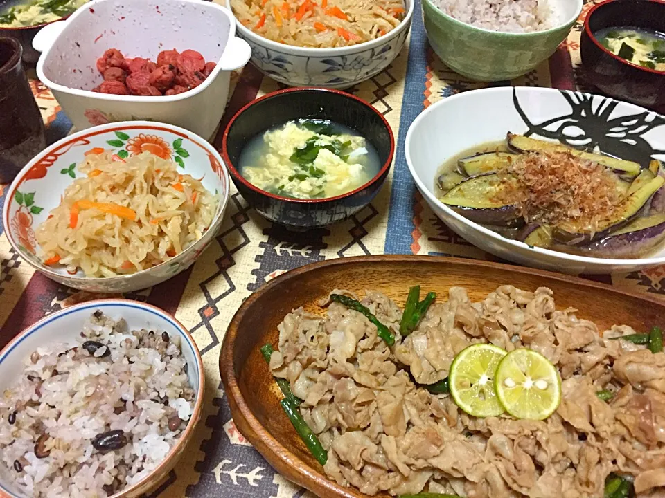 Snapdishの料理写真:豚肉とアスパラの#酢橘 醤油炒め #揚げナスの煮浸し|よ～さん