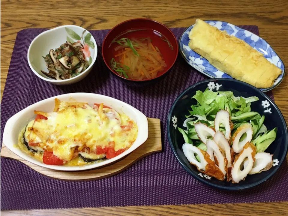 焼き椎茸の浦里和え・大根とにんじんのすまし汁・だし巻き卵・ちくわときゅうりのサラダ・ナスとトマトのグラタン|美也子さん