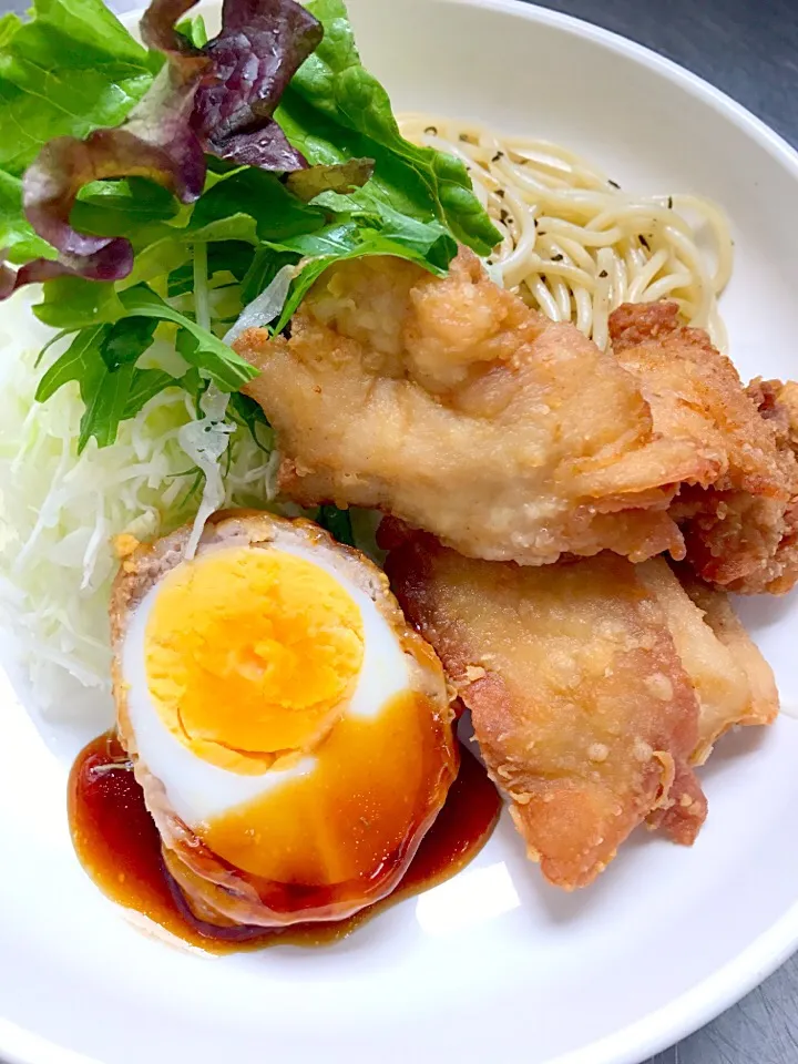 卵の肉巻き照り焼き 鶏もも肉の唐揚げ|学食おばちゃんさん