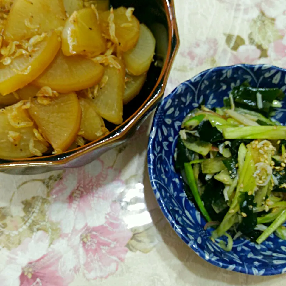 大根と小えびの煮物　わかめとスイカの皮とみょうがの香り和え|たえさん