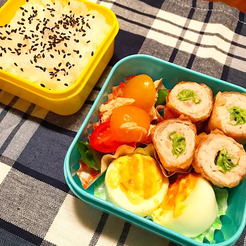 お弁当◡̈♥︎キャベツの肉巻きチーズ♡ささみといんげんの和え物♡ゆでたまごグリル♡|まゆかさん