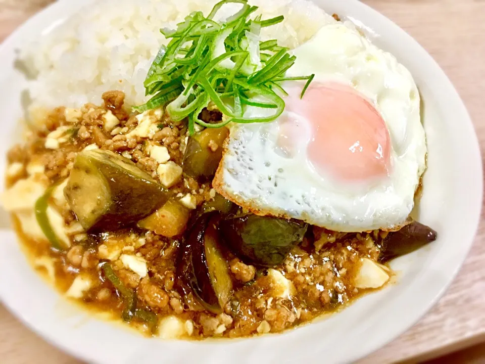 調子乗っちゃって(☝ ՞ਊ ՞)☝香味油が香る麻婆茄子豆腐"丼"|のぎたさん