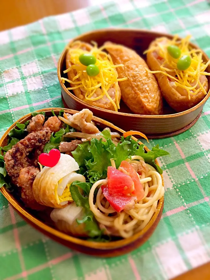 ワタクシ弁当🎶
御稲荷さん
ゲソ唐揚げ
お花竹輪
きんぴら
冷静パスタ|BooBooさん