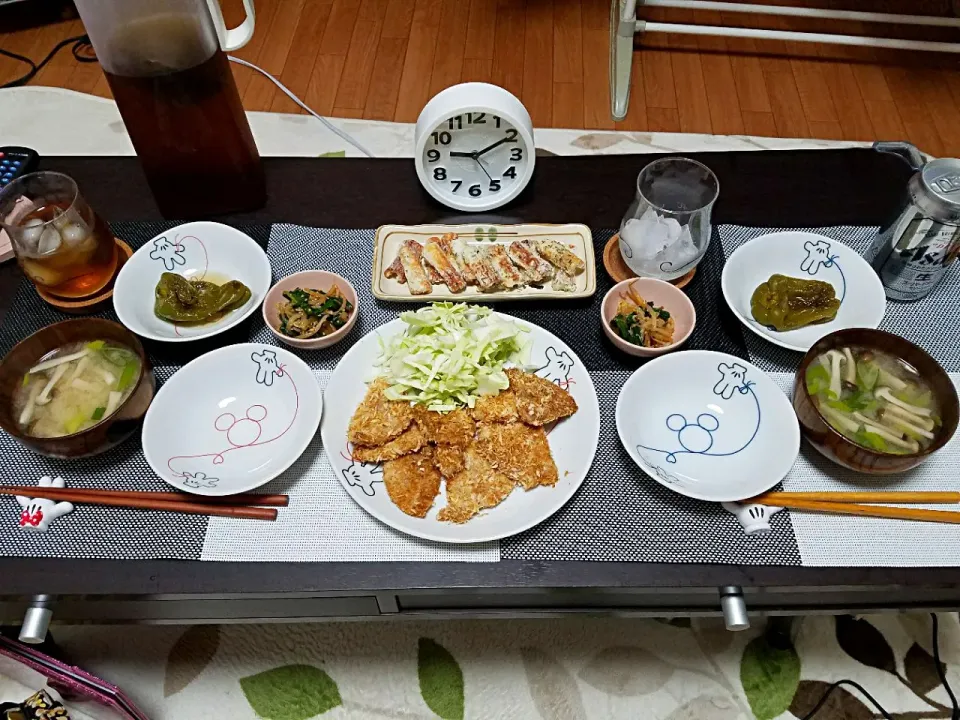 Snapdishの料理写真:揚げない豚カツ！とちくわの磯辺揚げ❤もやしとにらのナムル！ピーマンの揚げ浸し！|みーさん