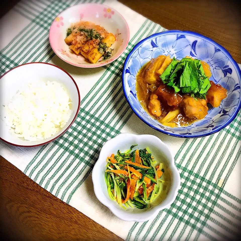 厚揚げと鶏肉の和風とろとろ煮＊山芋の青のり焼き＊水菜のごまみそ和え＊＊やっぱり和食が1番好き(^^)|さきさん