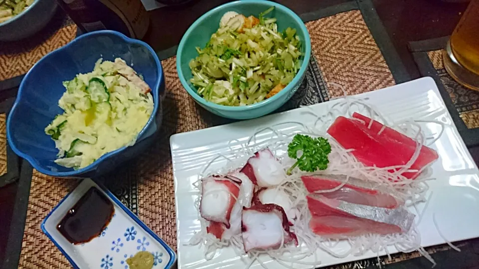 お刺身&ポテトサラダ&水菜と竹輪|まぐろさん