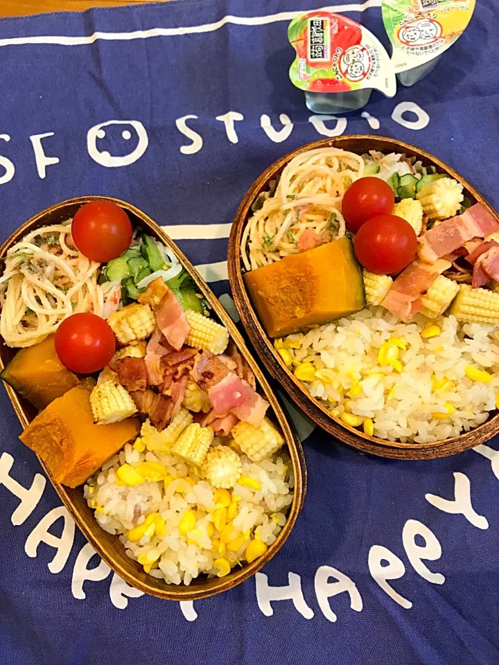 ふたり弁当

とうもろこしごはん
明太子 大葉のパスタ
酢の物(きゅうり わかめ カニかま
ベビーコーン ベーコンのバター炒め
かぼちゃ煮物
ミニトマト|ひななぎさん