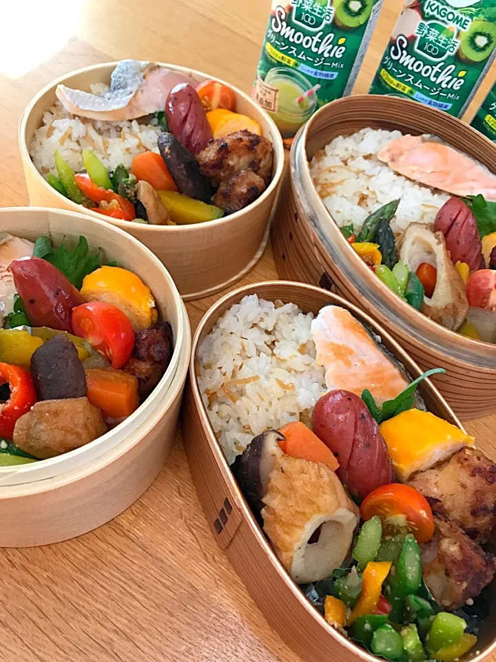 Snapdishの料理写真:今日の夫婦弁当🍱長男🍱長女🍱
生姜ゴハン小ちゃな鮭乗っけ、
醤油麹漬け唐揚げ、甘糀玉子焼き、
ウィンナー、アスパラとカラーピーマンの胡麻和え、煮物🤗🎶|5ネコママさん