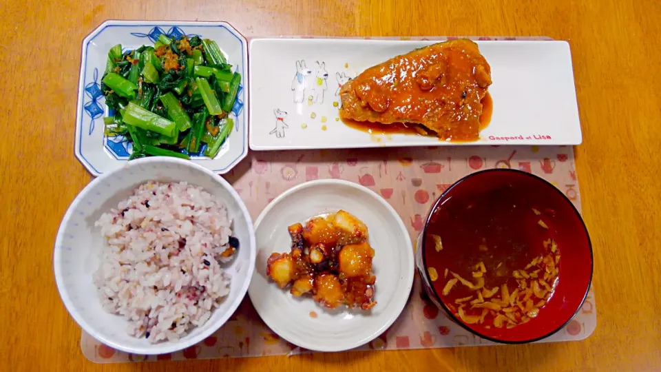 ６月５日　鯖の味噌煮　たこの唐揚げ　小松菜のおひたし　とろろ昆布と干しエビのお吸い物|いもこ。さん